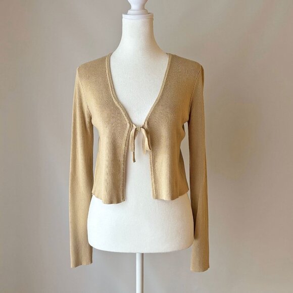 Icone Cropped Ribbed Beige Tie Cardigan - Picture 2 of 6